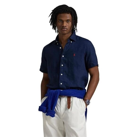 Ralph Lauren Men's Linen Button Down Short Sleeve Shirt size XL Navy Minimalist - Picture 1 of 7